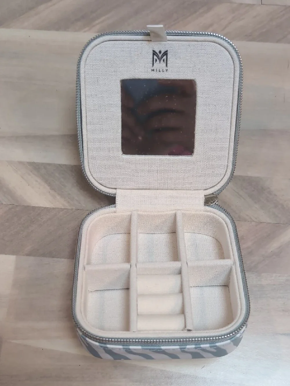 Milly Zebra Print Jewelry Travel Case in White and Light Gray